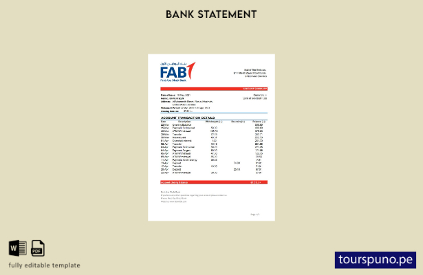 listo para imprimir la plantilla de Excel del primer extracto bancario de Abu Dh